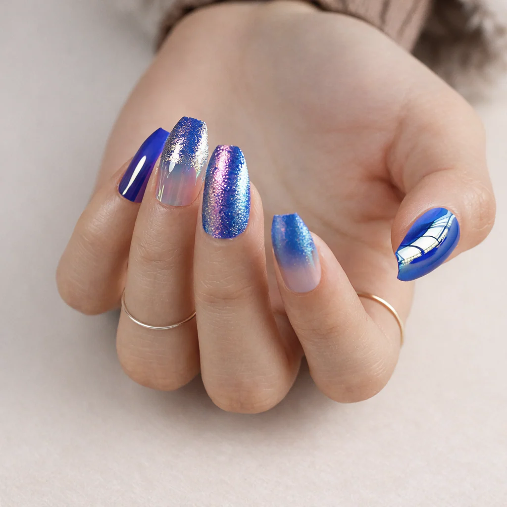 Faux Ongles Dégradé Bleu Marbré Mi-Longs