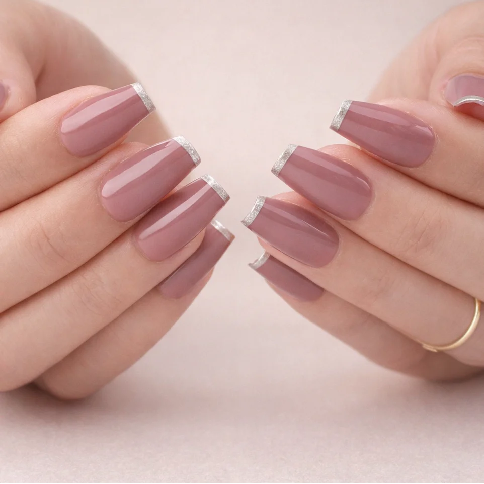 Faux Ongles French Carrés Courts Roses & Gris