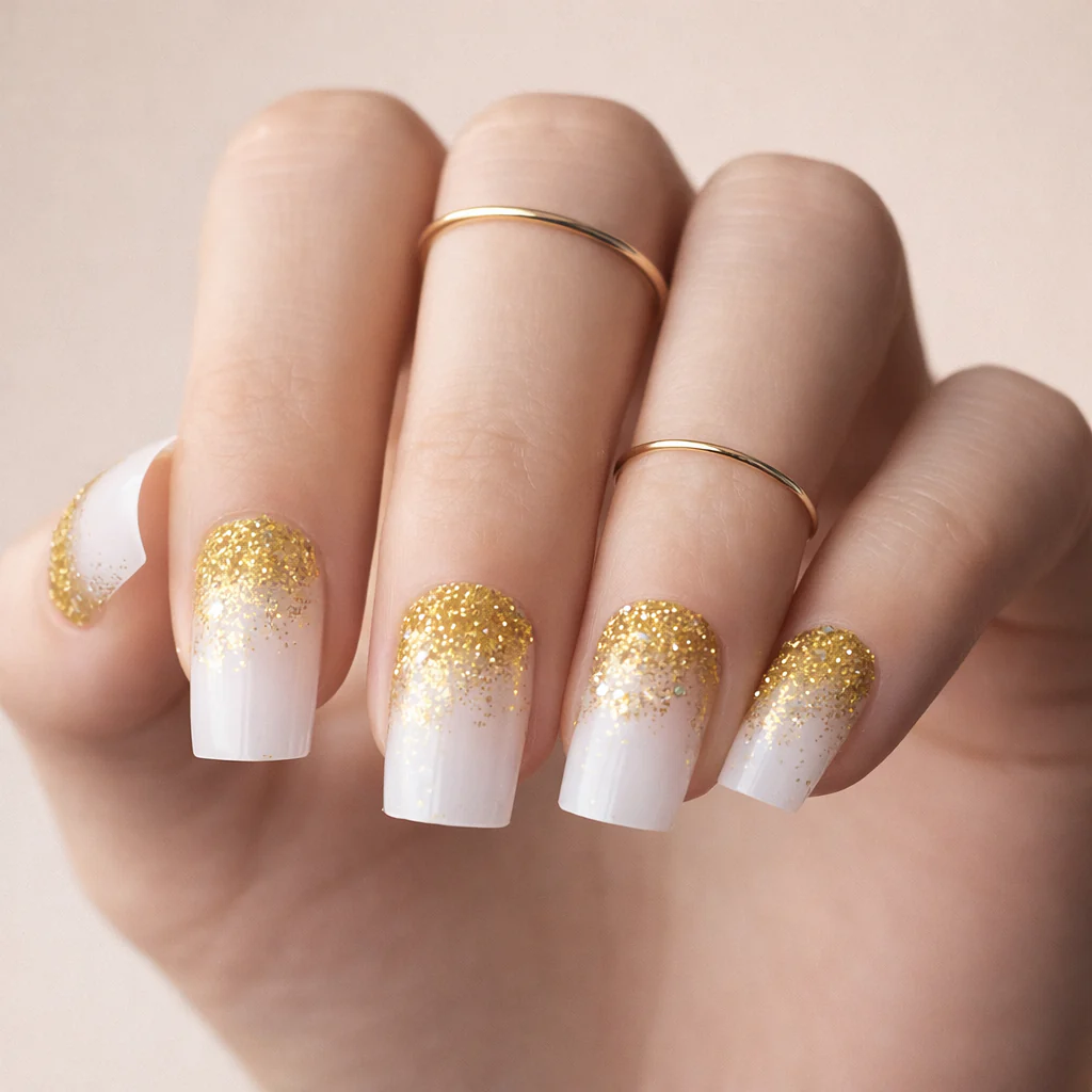 Faux Ongles Blanc et Doré Pailletés Carrés Courts