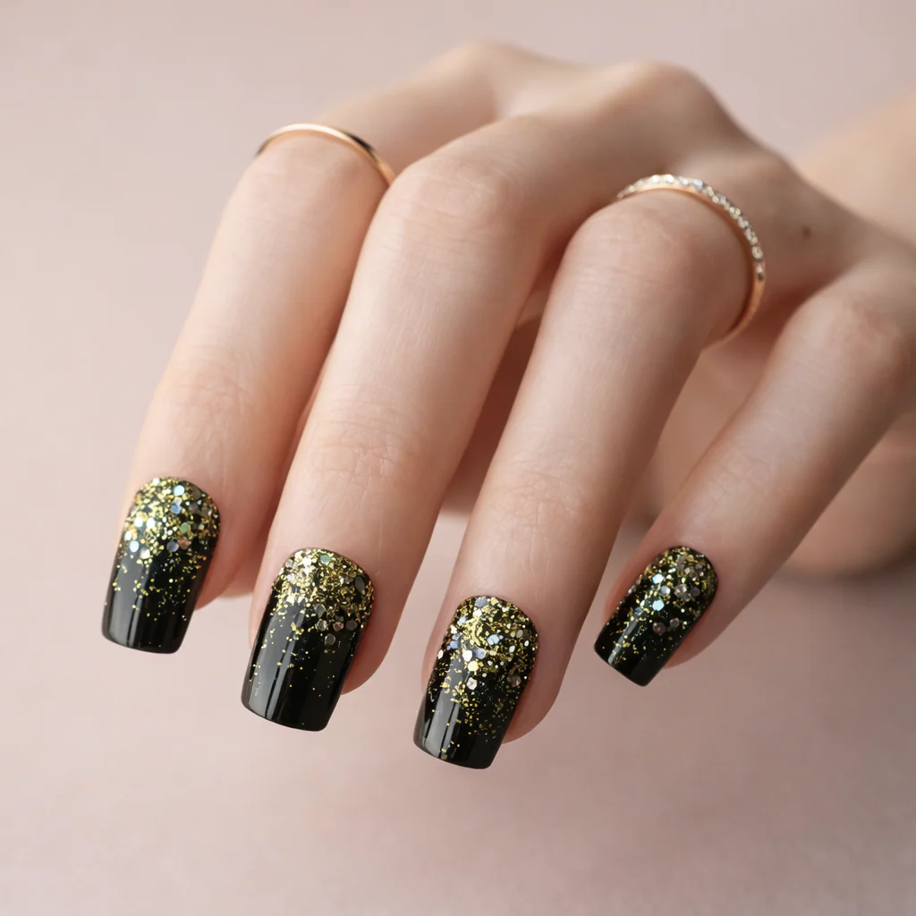Faux Ongles Noir et Doré Pailletés Carrés Courts