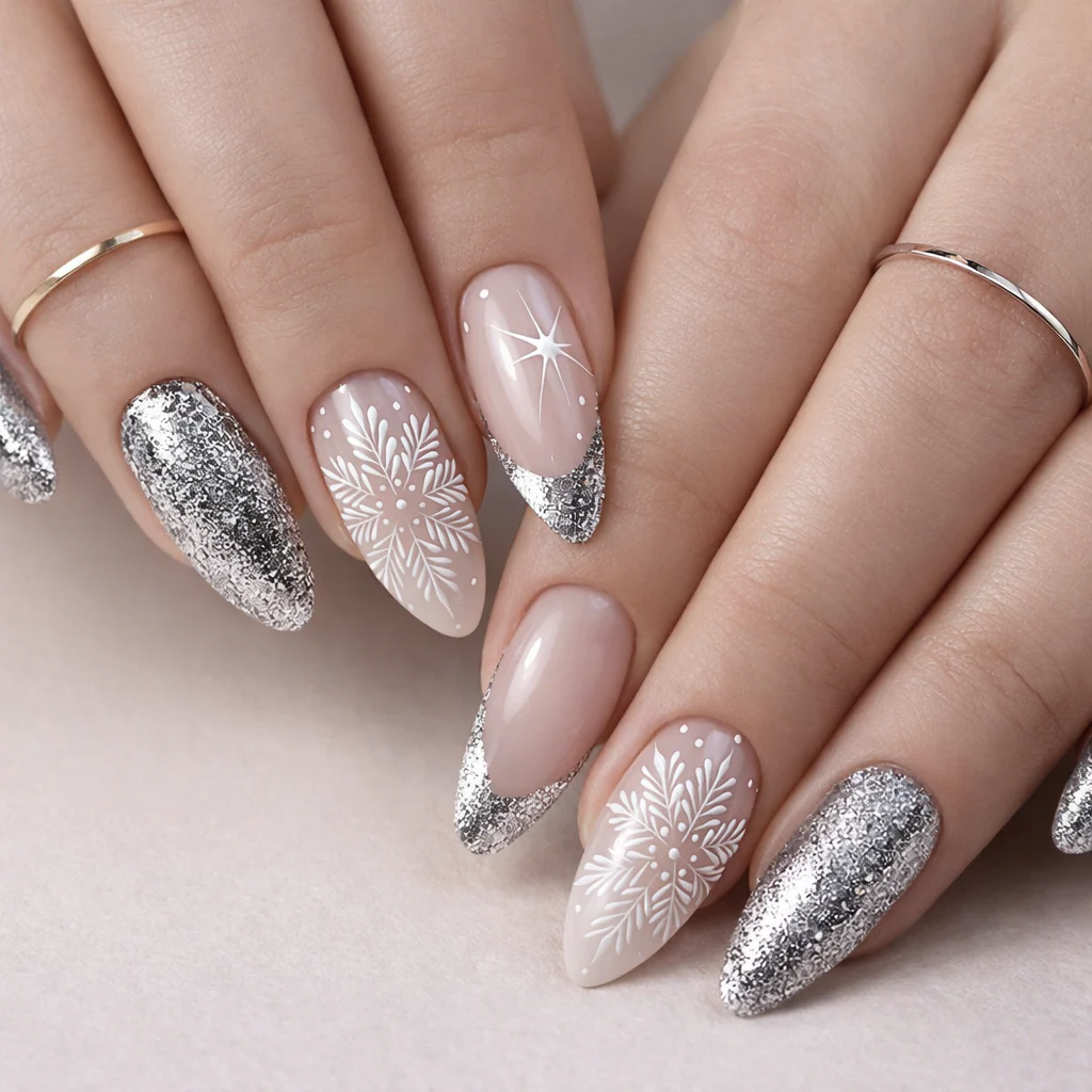 Faux Ongles de Noël Argentés à Flocons
