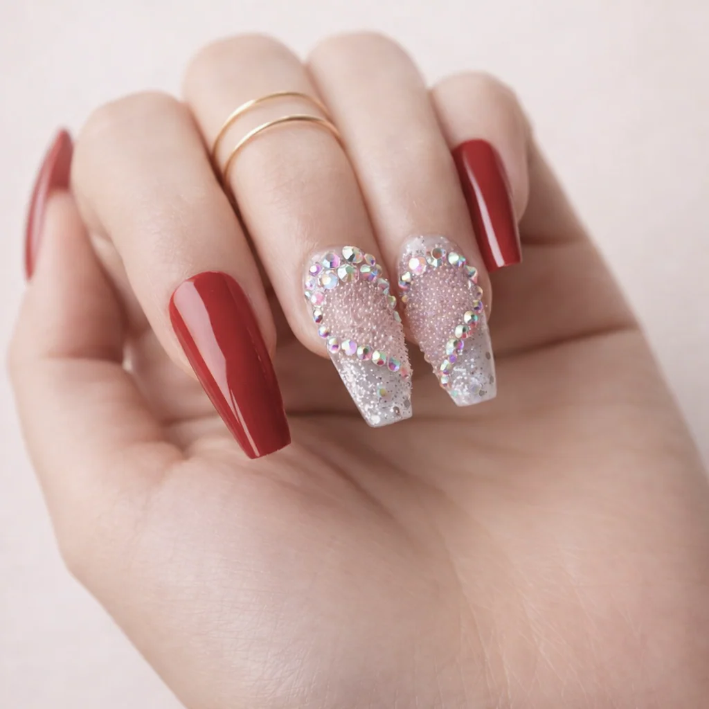 Faux Ongles Rouge Élégance et Cristaux