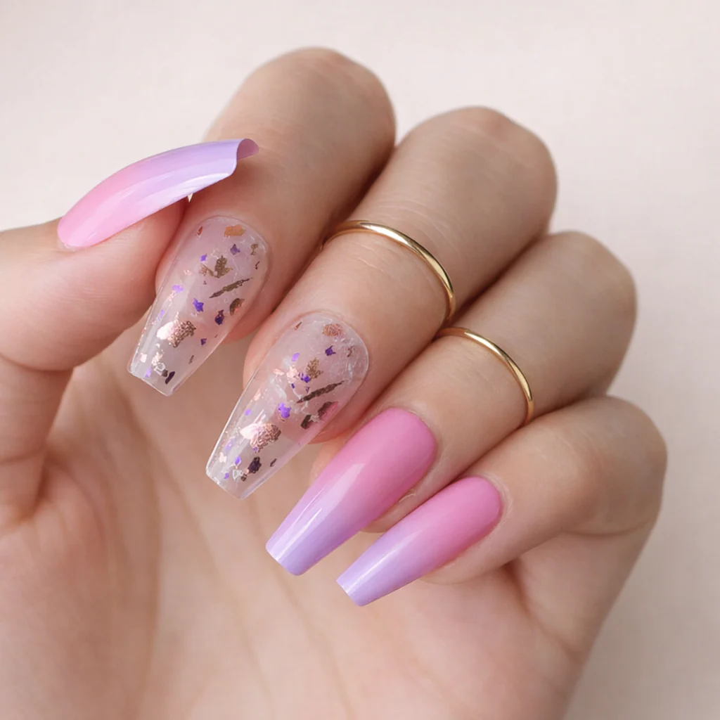 Faux Ongles Dégradé de Couleur Ballerine Longs