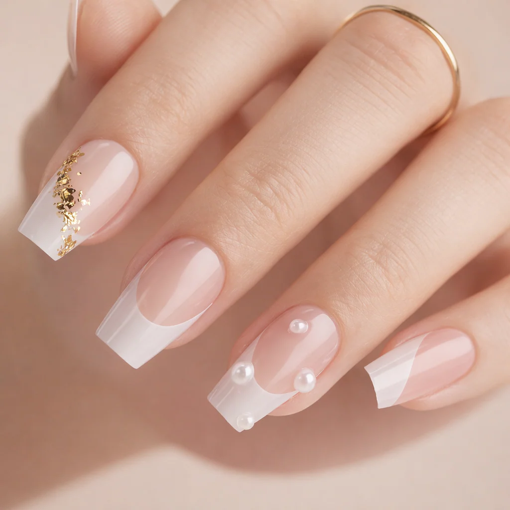 Faux Ongles French avec Paillettes et Perles