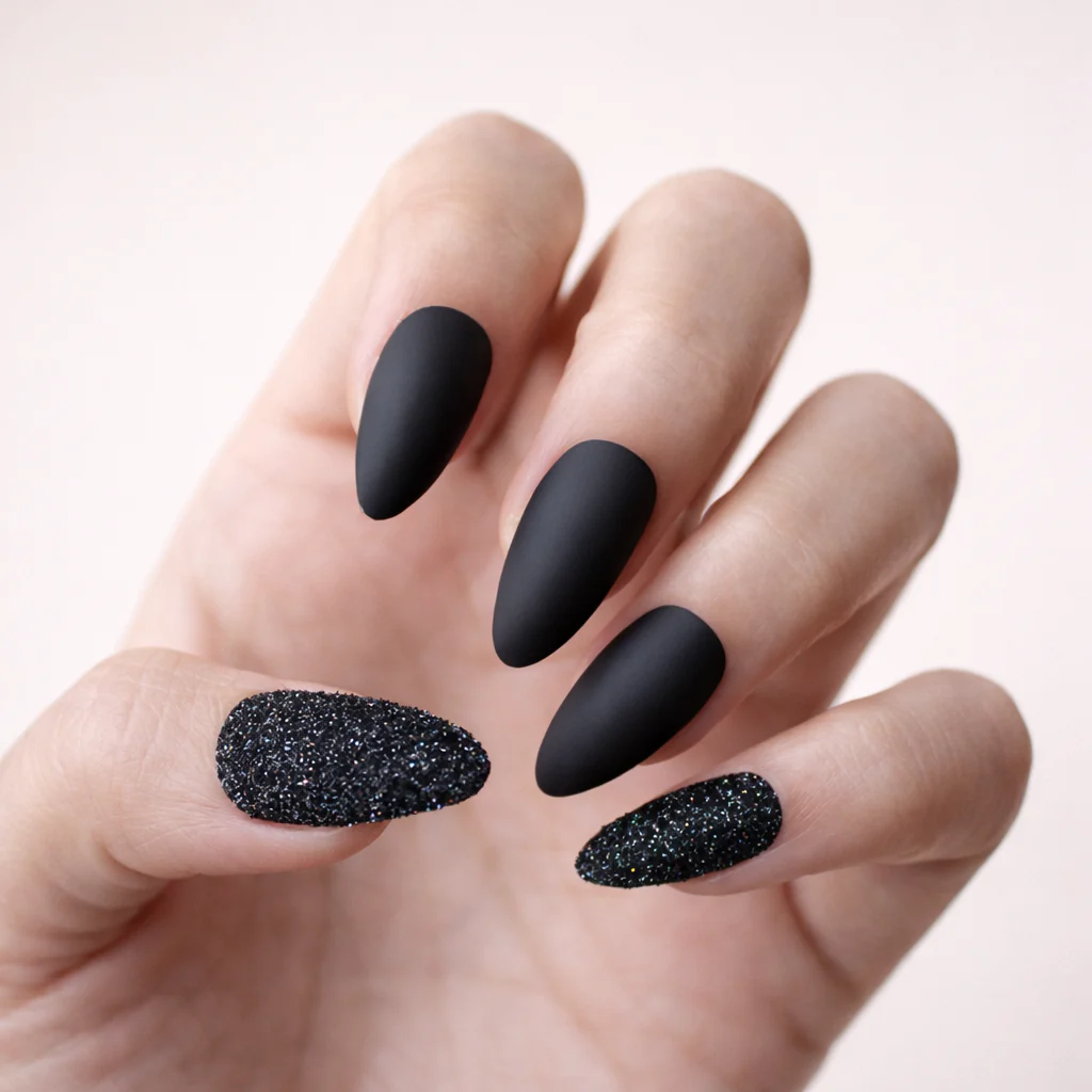 Faux Ongles Noirs Amande Mi-Longs