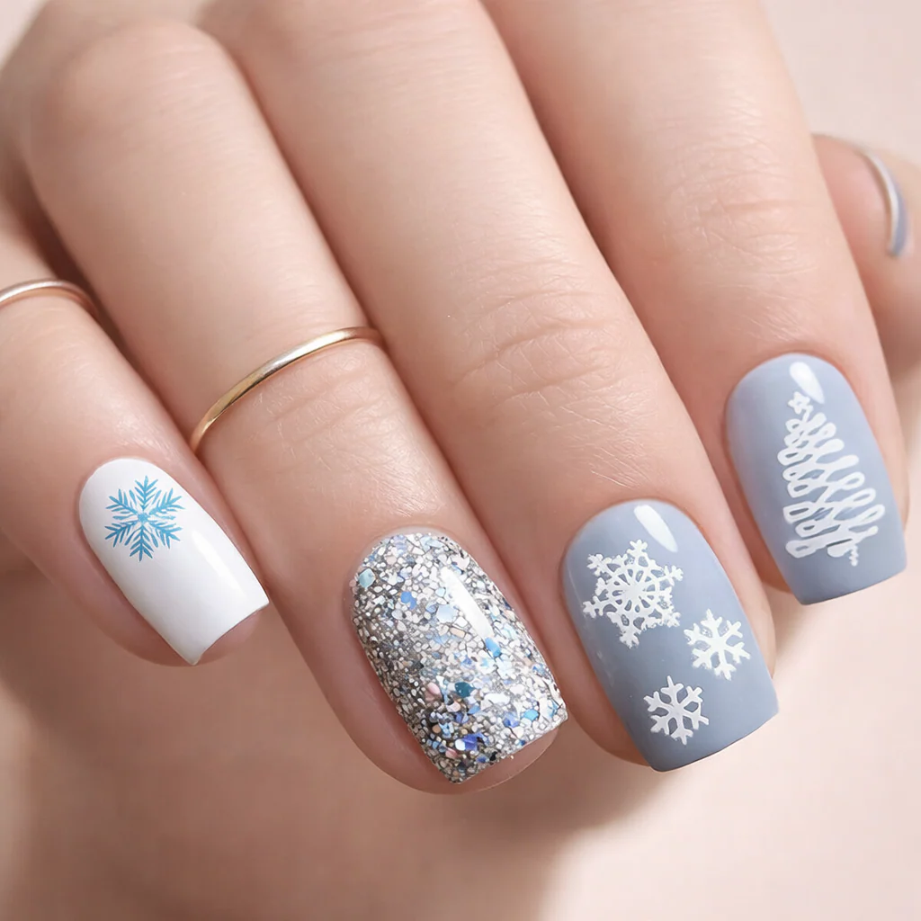 Faux Ongles de Noël Bleu à Flocons