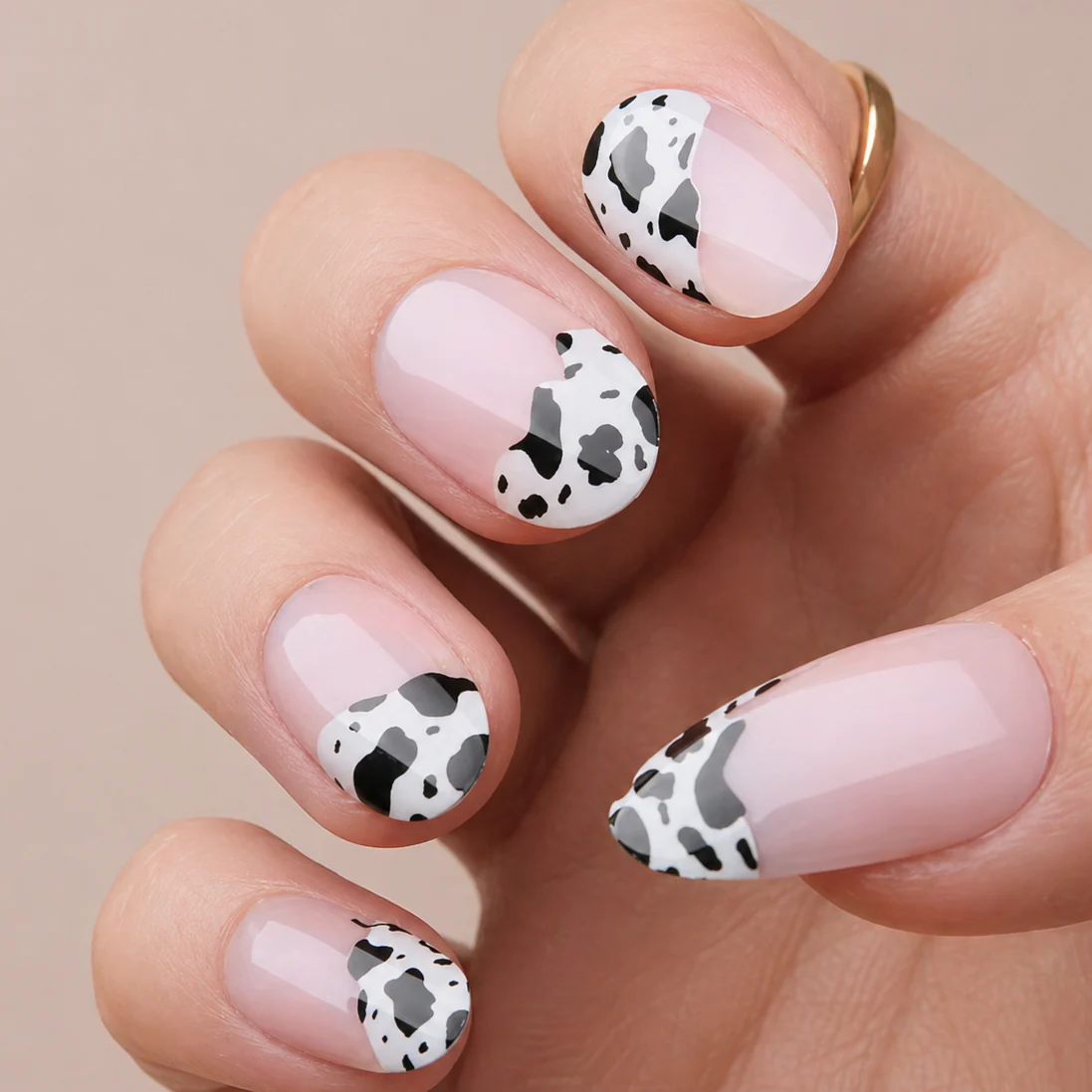 Faux Ongles Noir et Blanc Vache Amande Courts