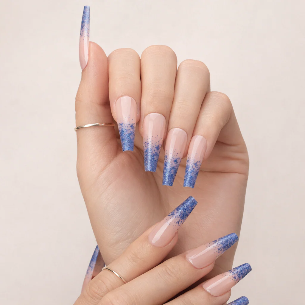 Faux Ongles Bleu Paillettes Ballerine Longs