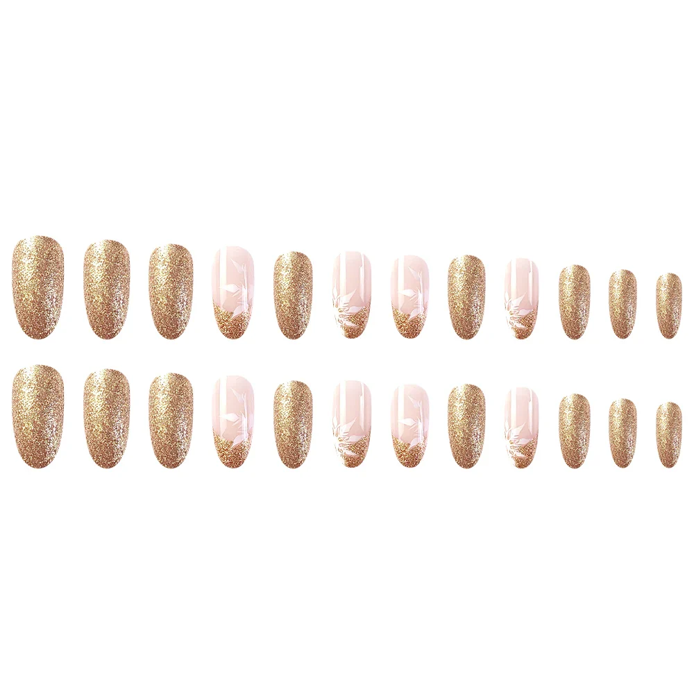Faux Ongles Amande avec Flocons et Paillettes Dorées - Image 2