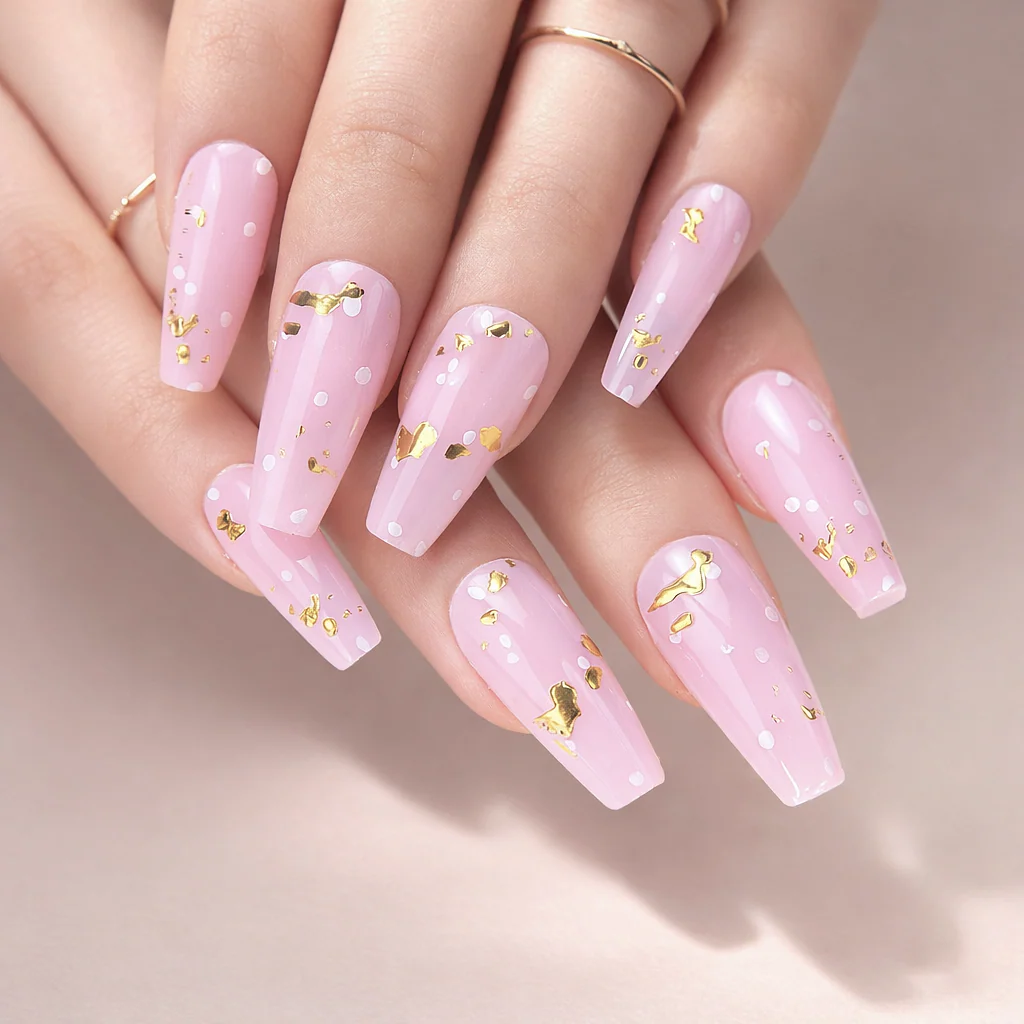 Faux Ongles Rose Pastel avec Doré Ballerine Longs