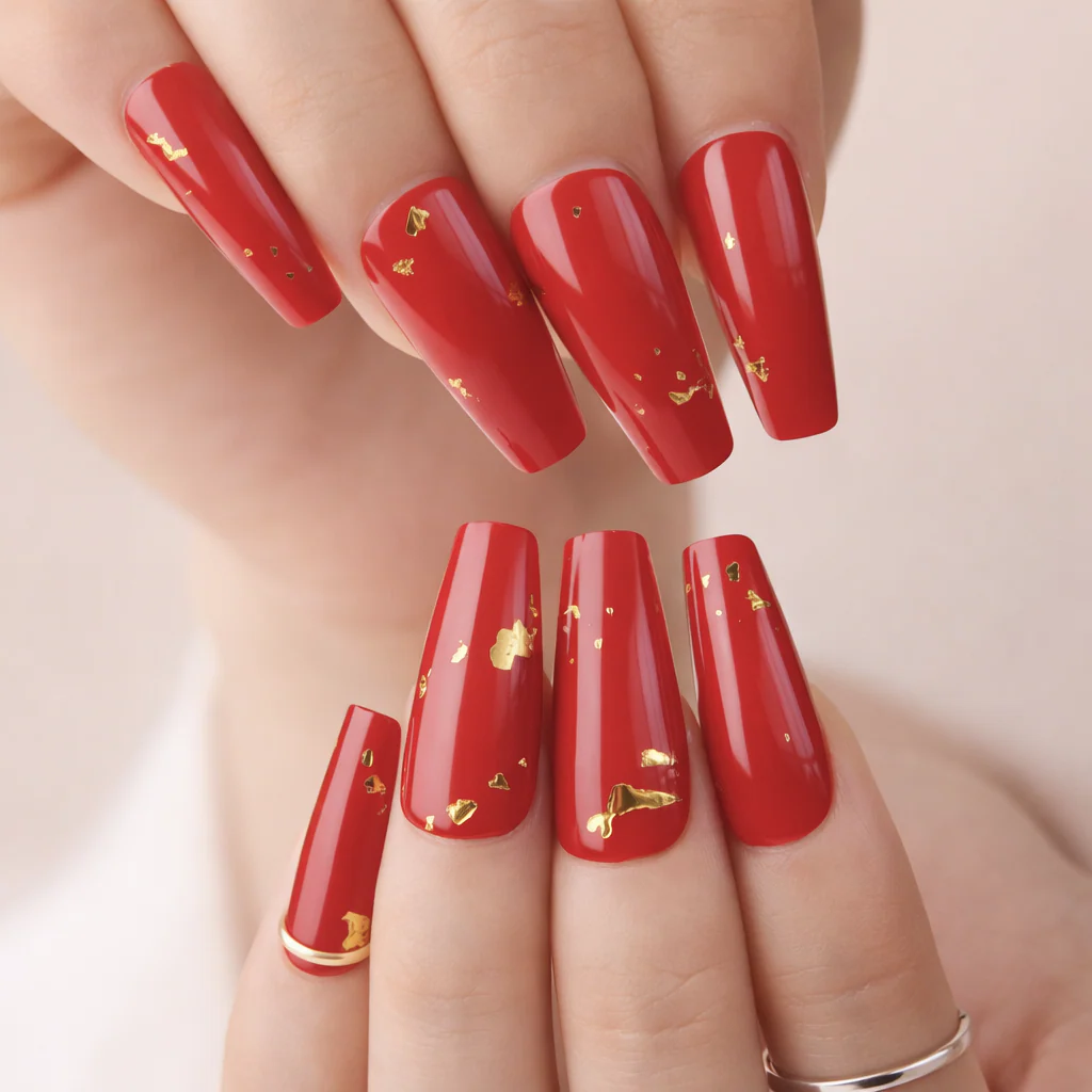 Faux Ongles Rouge Dorés Ballerine Longs