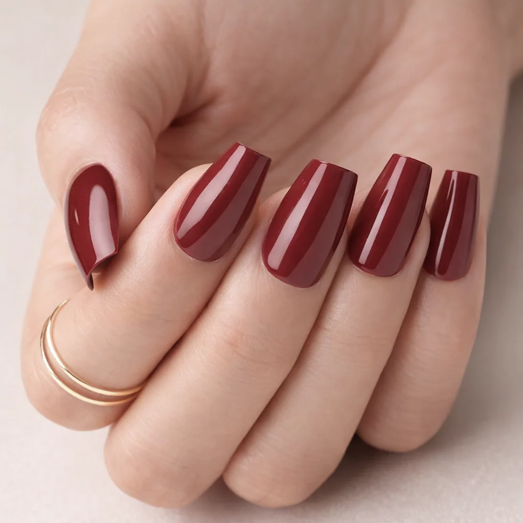 Faux Ongles Bordeaux Carrés Mi-Longs