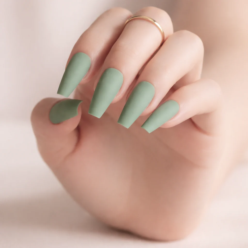 Faux Ongles Verts Mats Pastel Ballerine Longs